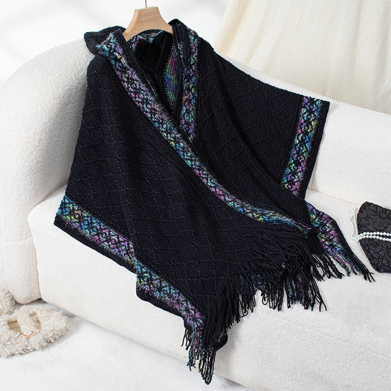 Damen eleganter Poncho mit hochwertigem Strukturdesign und Fransen EB
