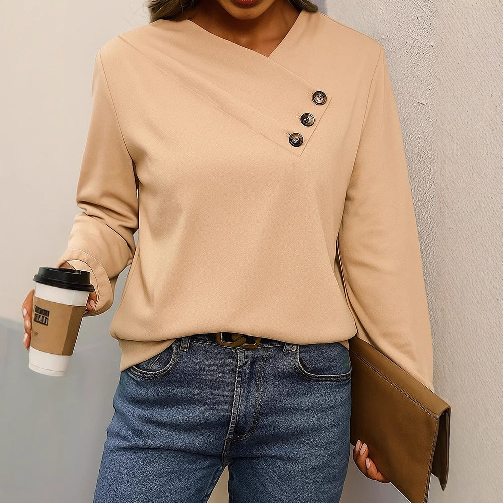 Damen Asymmetrische V-Ausschnitt Bluse mit Zierknopfleiste und Langarm EB