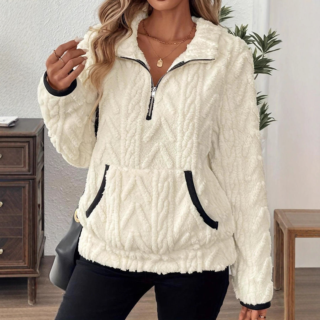 Damen modischer Fleece-Pullover mit halbem Reißverschluss und Taschen EB
