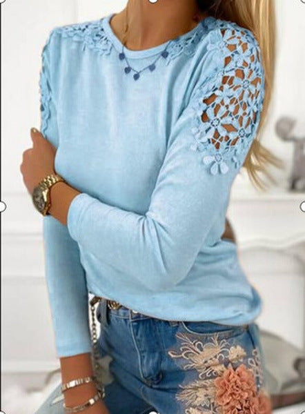 Damen nan langärmeliges Feinstrickshirt mit Häkelspitzen-Schultereinsätzen und Rundhalsausschnitt EB