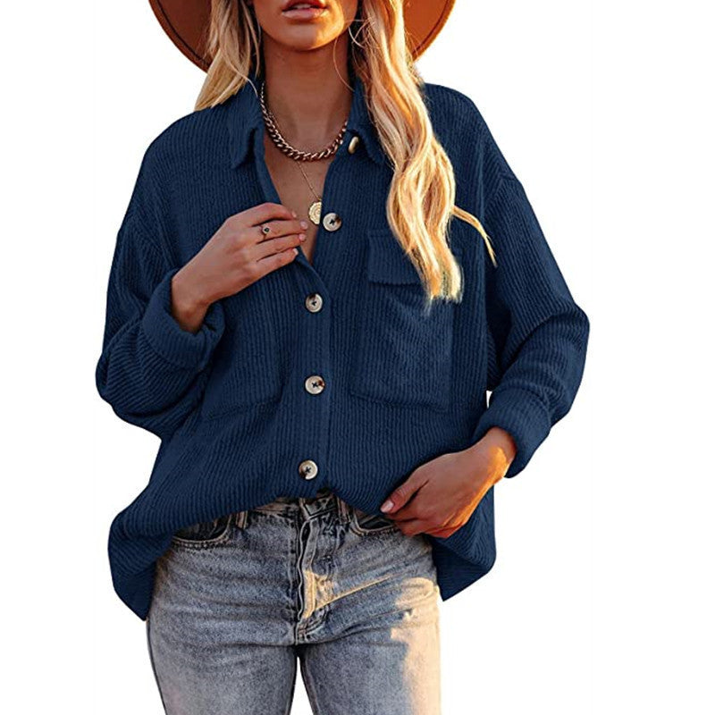 Damen Lässige Strickjacke mit Knopfleiste und Brusttasche EB
