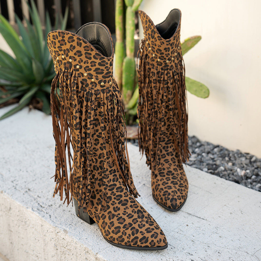 Damen Fransen-Stiefel mit modischen Nieten und komfortablem Blockabsatz EB