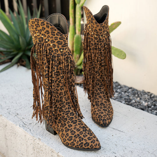 Damen Fransen-Stiefel mit modischen Nieten und komfortablem Blockabsatz EB