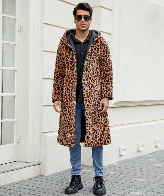 Herren Eleganter Kunstfellmantel mit Leopardenmuster EB