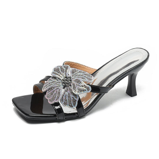 Damen elegante Sandalen mit funkelndem Blumen-Design und komfortablem Absatz EB
