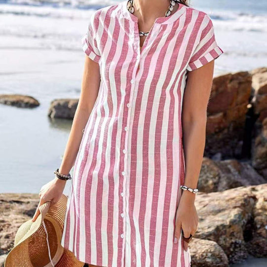 Damen Freizeitleinenhemdkleid mit gestreiftem Muster und schickem Kragen EB