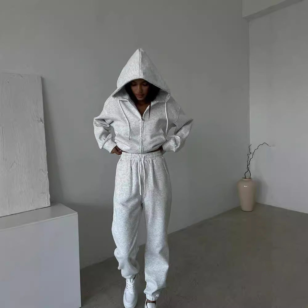 Damen sportliches Fleece-Jogginganzug mit praktischer Kapuze und elastischem Bund EB