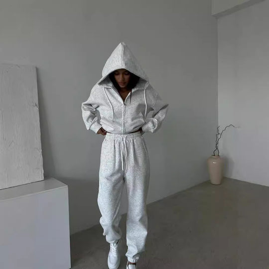 Damen sportliches Fleece-Jogginganzug mit praktischer Kapuze und elastischem Bund EB