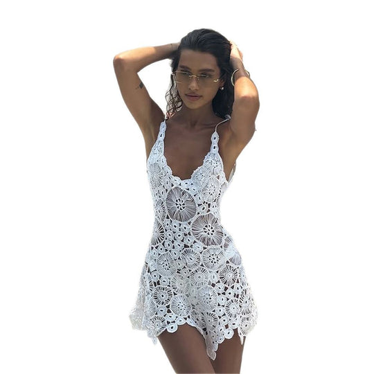 Damen gehäkeltes Strandkleid mit raffinierter Blumenspitze EB