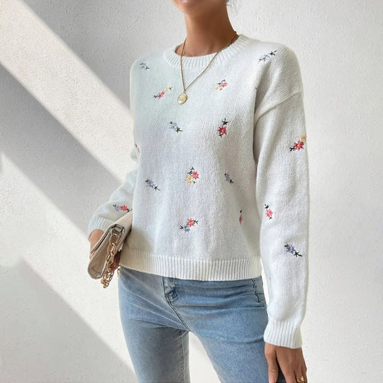 Damen kuscheliger Strickpullover mit floralem Motiv EB