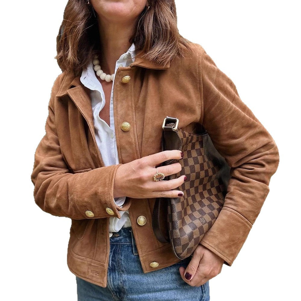 Damen Kunstlederjacke mit goldenen Knöpfen und modernem Schnitt EB