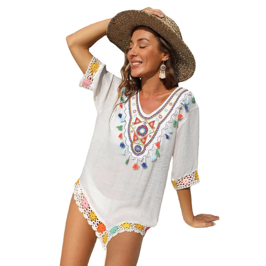 Damen luftiger Kaftan mit buntem Häkelmuster EB