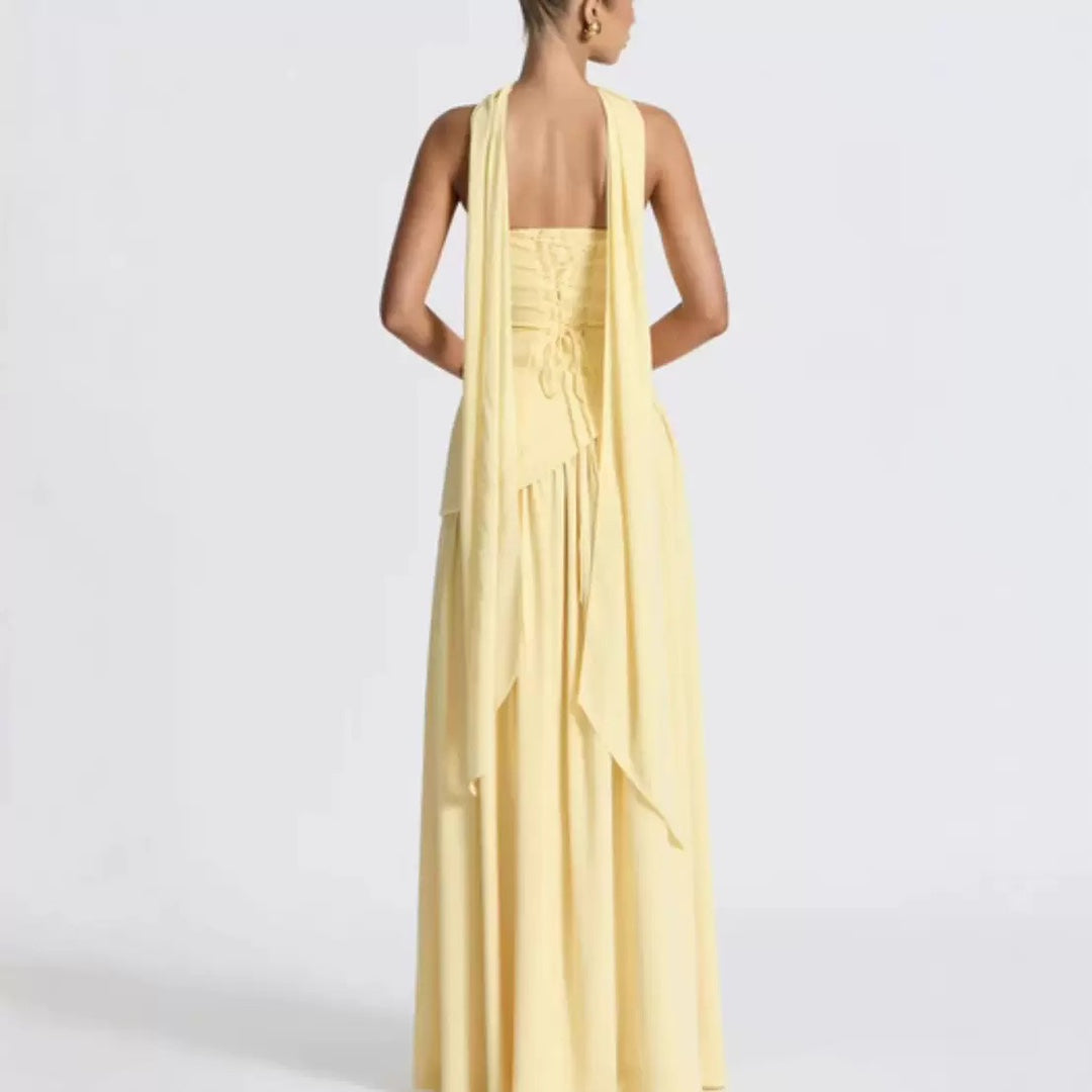 Damen Maxikleid mit figurbetontem Oberteil und schwingendem Rock EB
