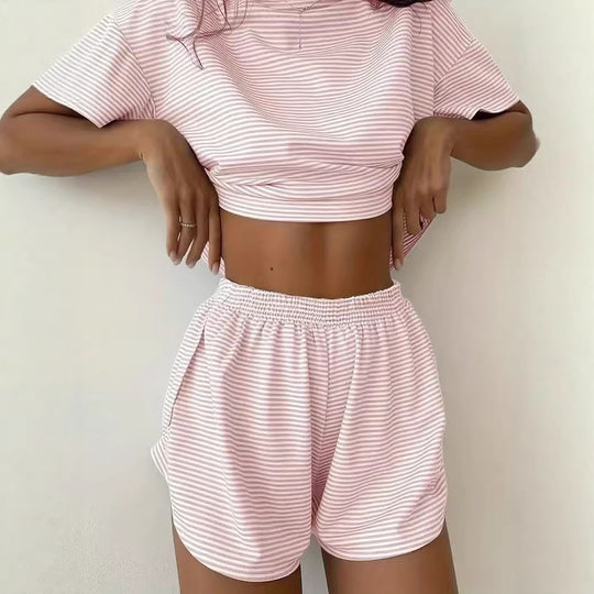 Damen lässiges Crop-Top und Short-Set mit gestreiftem Muster EB