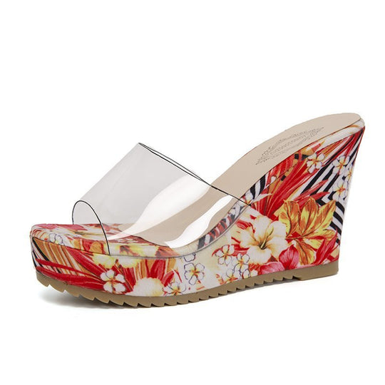 Damen nan PVC-Riemen Keilpantoletten mit floral bedruckter Keilsohle und ergonomischem Komfortfußbett EB