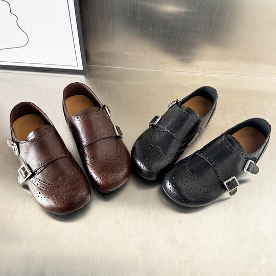 Damen Elegante Mokassins mit klassischem Broguemuster und dekorativen Doppelschnallen EB