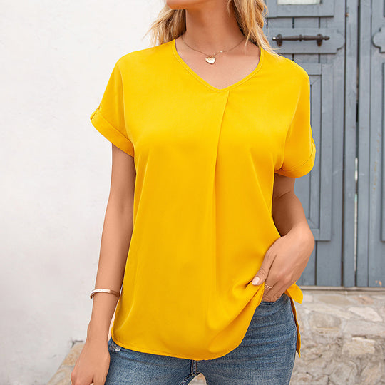 Damen elegantes V-Ausschnitt Bluse mit Falten und seitlichen Schlitzen EB