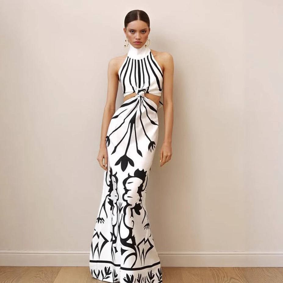 Damen elegantes Maxikleid mit asymmetrischem Schnitt und floralem Design EB