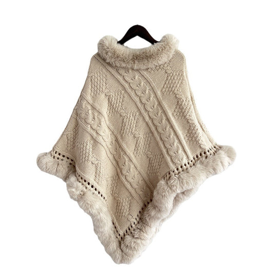 Damen Strickponcho mit dekorativem Kragen und gefüttertem Saum EB