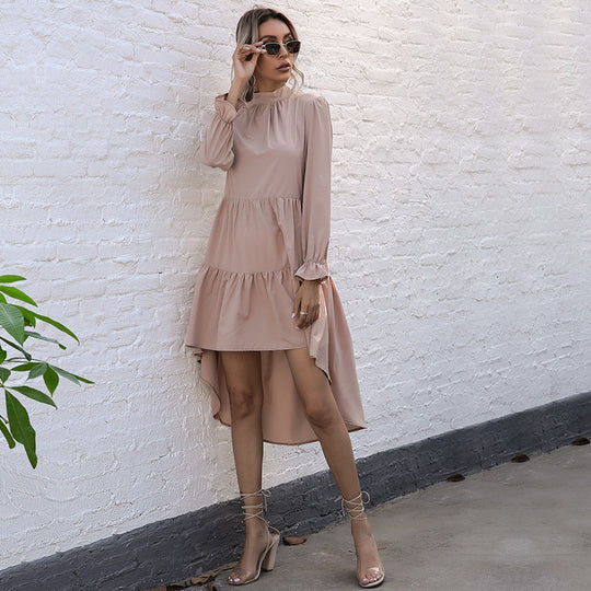 Damen elegantes, schwingendes Midi-Kleid mit Rüschen und langen Ärmeln EB