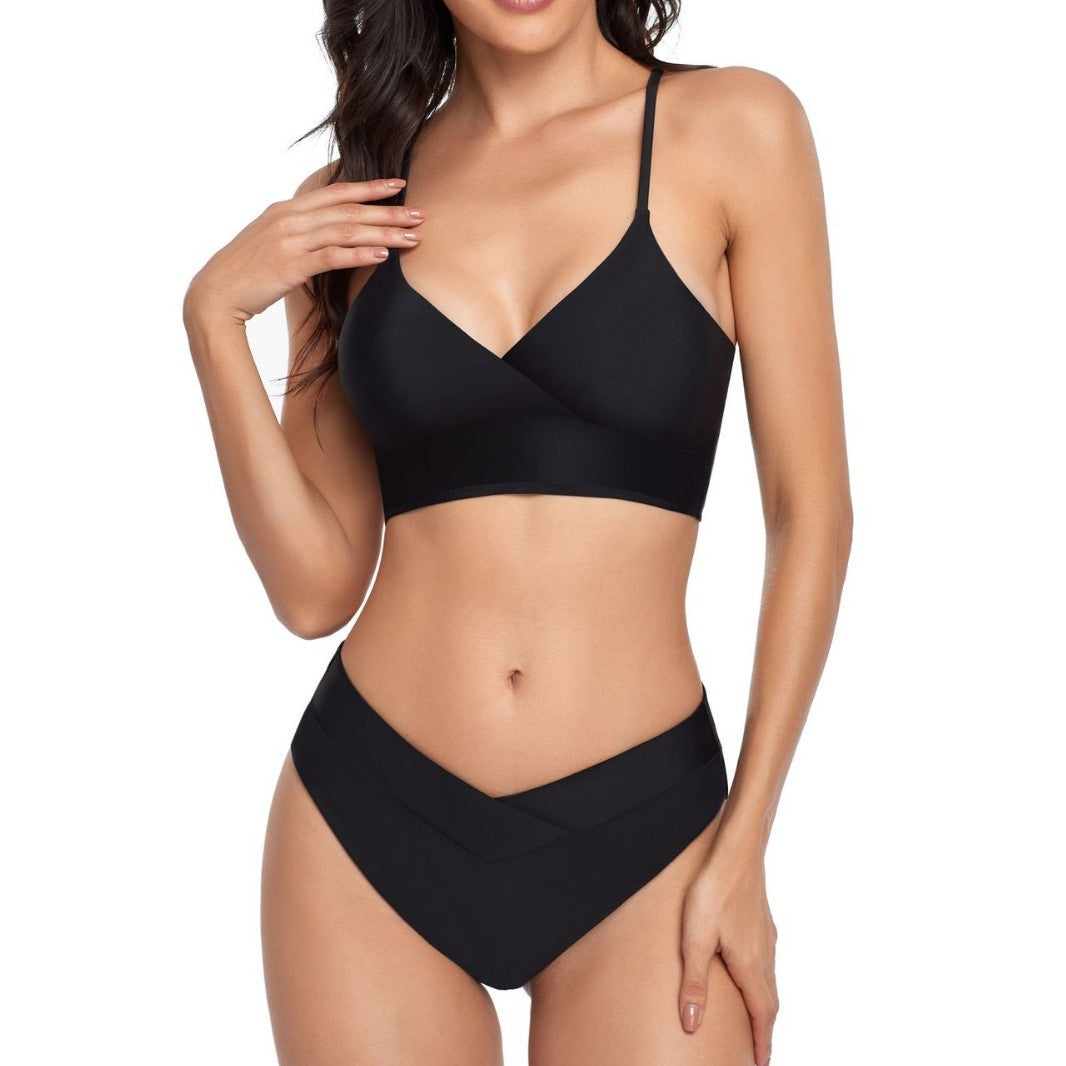 Damen Bikini-Set mit stilvollem Wickeloberteil und hoch geschnittenem Unterteil EB