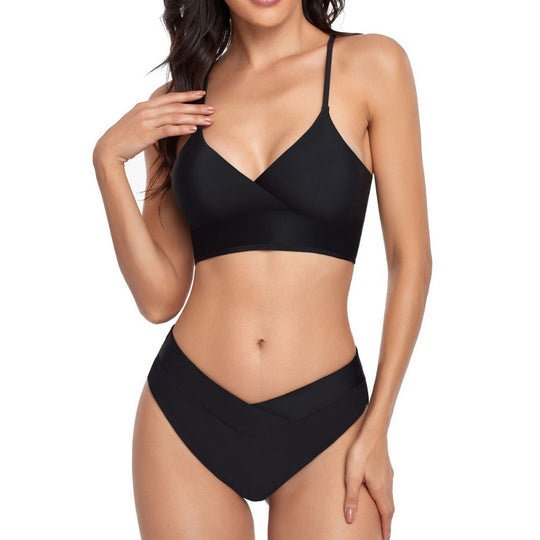 Damen Bikini-Set mit stilvollem Wickeloberteil und hoch geschnittenem Unterteil EB