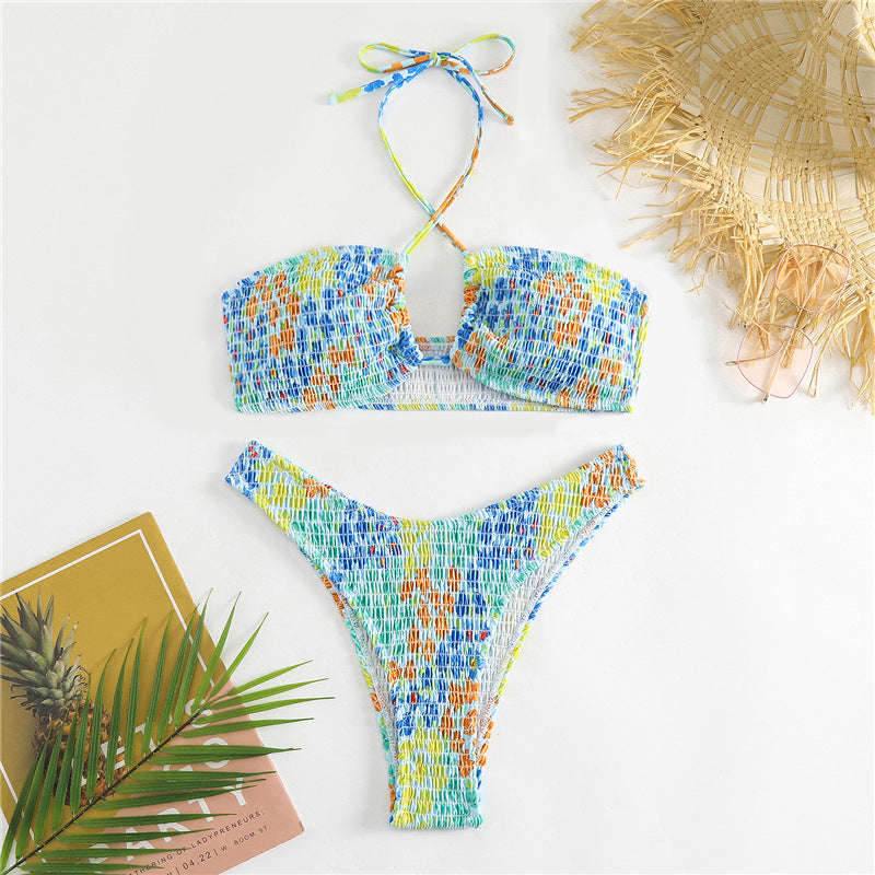 Damen Bandeau-Bikini mit verspieltem Wickeldetail und buntem Design EB