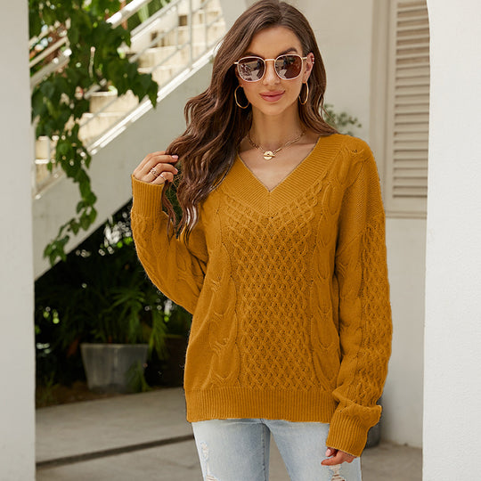 Damen Großer Strickpullover mit V-Ausschnitt und ausgefallenem Zopfmuster EB