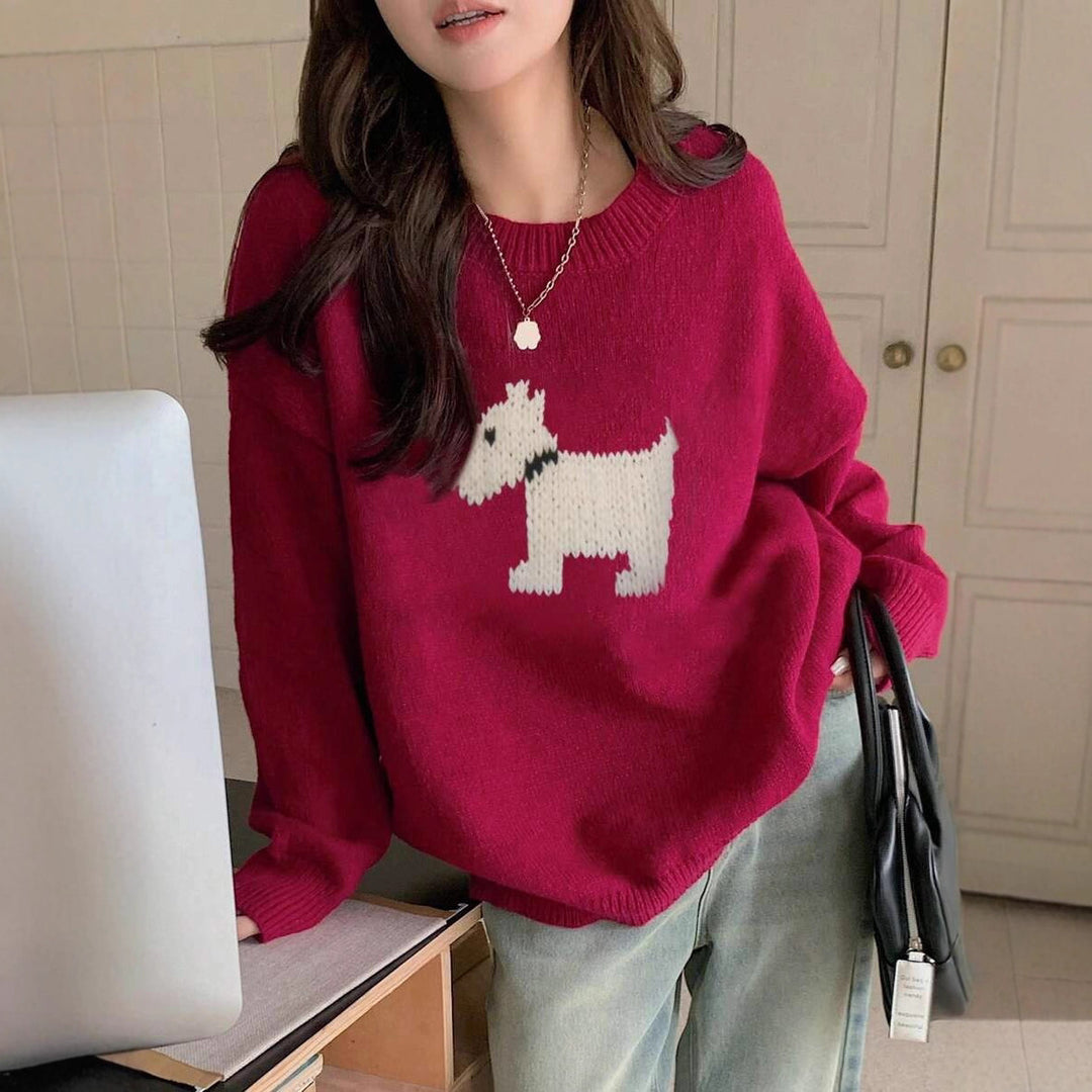 Damen Strickpullover mit süßem Dog-Motiv und bequemer Passform EB