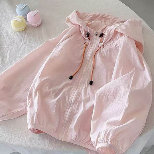 Damen nan leichte Kapuzenjacke Windbreaker mit Kordelzug, elastischem Saum und Reißverschluss R&B