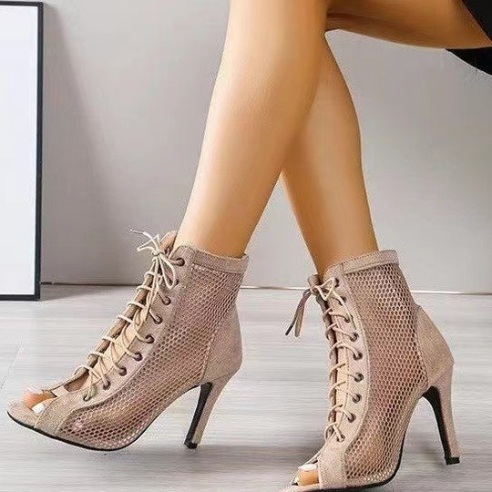 Damen offene Schnürstiefeletten im modernen Mesh-Design mit hochwertigem Absatz EB