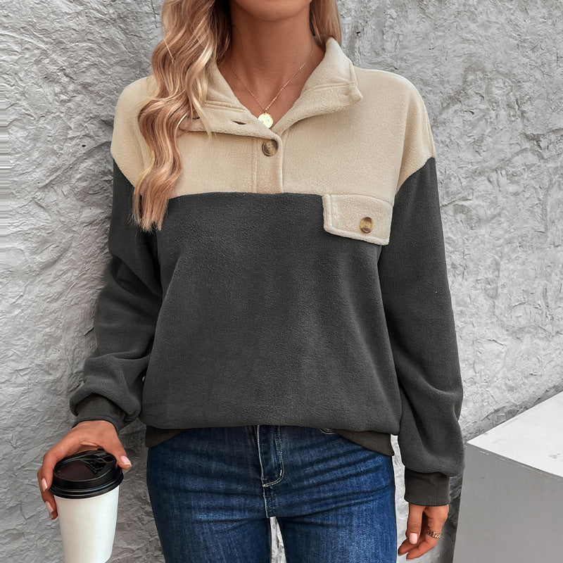 Damen Fleece-Pullover mit knopfbarem Kragen und praktischer Brusttasche EB