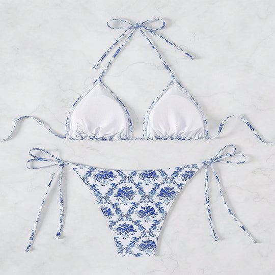 Damen Triangel-Bikini mit aufregenden Bindebändern und floralen Akzenten EB