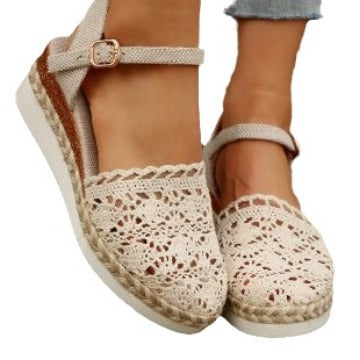 Damen Espadrille-Sandalen mit filigranem Häkel-Design und elastischem Knöchelriemen EB