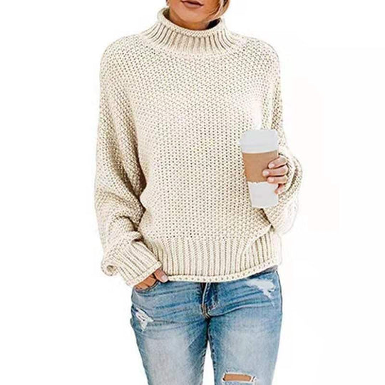 Damen grobstrick Pullover mit Stehkragen und überschnittenen Schultern EB