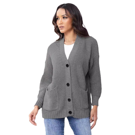 Damen Strickjacke mit großen Taschen und klassischem Knopfverschluss EB