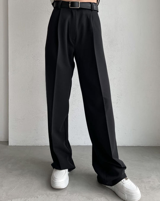 Damen Elegante High-Waist-Hose mit Bügelfalte und Bindegürtel EB