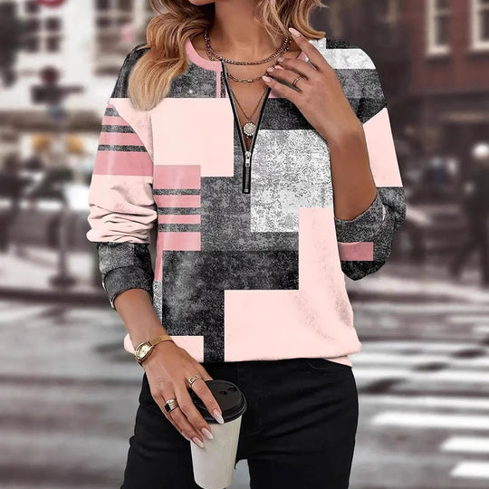 Damen nan Casual Sweatshirt mit kurzem V-Reißverschluss, grafischem Blockmuster und legerer Passform EB