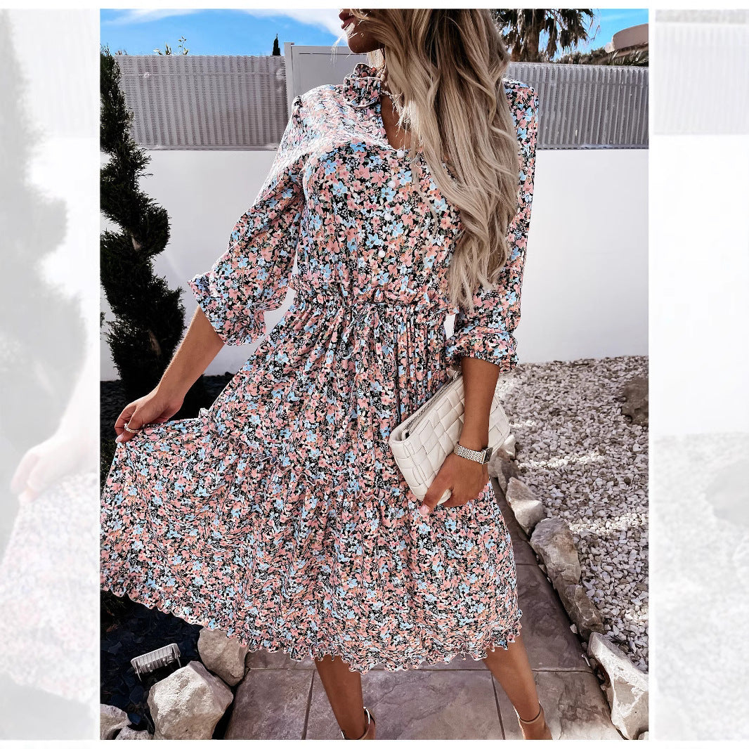 Damen Blumenkleid mit verspielten Rüschendetails und knielangem Schnitt EB