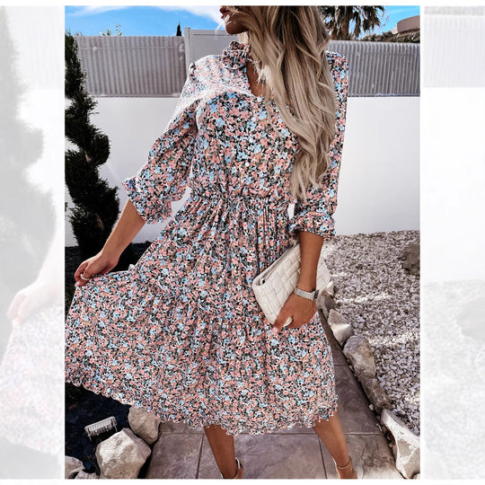 Damen Blumenkleid mit verspielten Rüschendetails und knielangem Schnitt EB