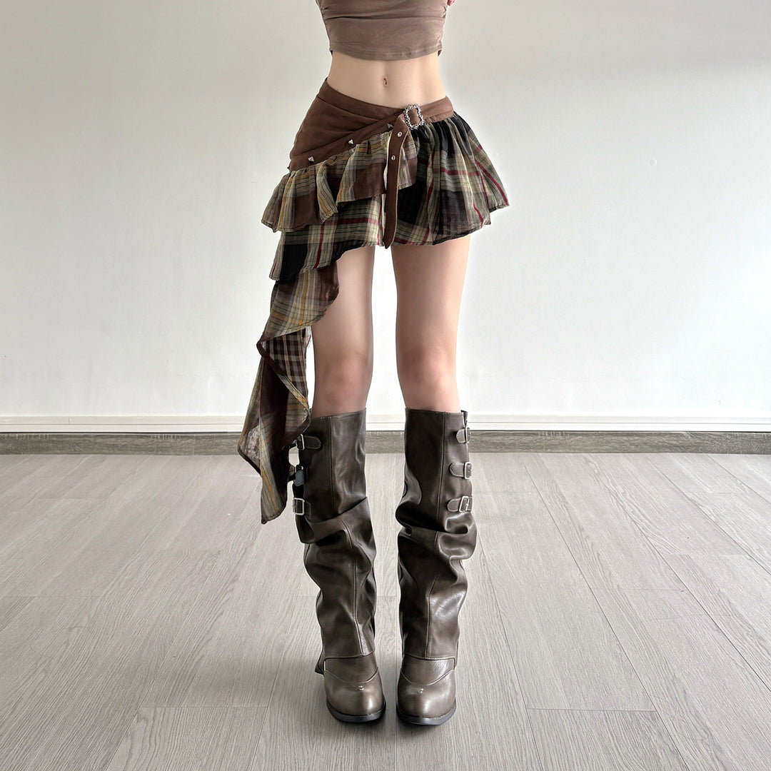 Damen Verspielter Karorock mit asymmetrischem Schnitt und verstellbarem Bund EB