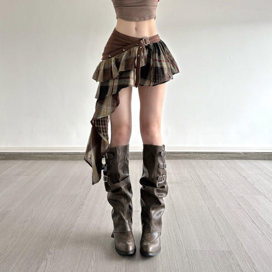 Damen Verspielter Karorock mit asymmetrischem Schnitt und verstellbarem Bund EB