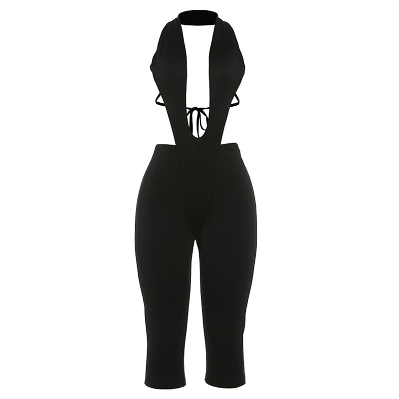Damen figurbetonter Jumpsuit mit tiefem V-Ausschnitt und Bindegürtel EB
