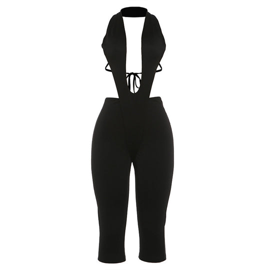 Damen figurbetonter Jumpsuit mit tiefem V-Ausschnitt und Bindegürtel EB