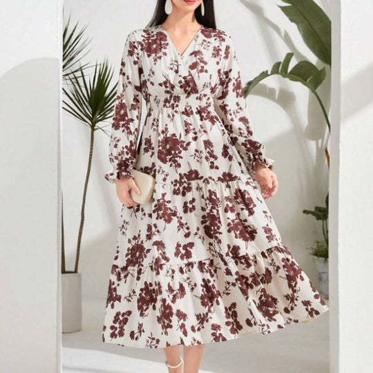 Damen Elegantes Maxikleid mit floralen Details und V-Ausschnitt EB