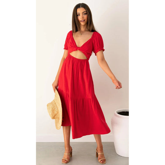 Damen Midi-Kleid mit verspielten Cut-Outs und Bindedetails EB