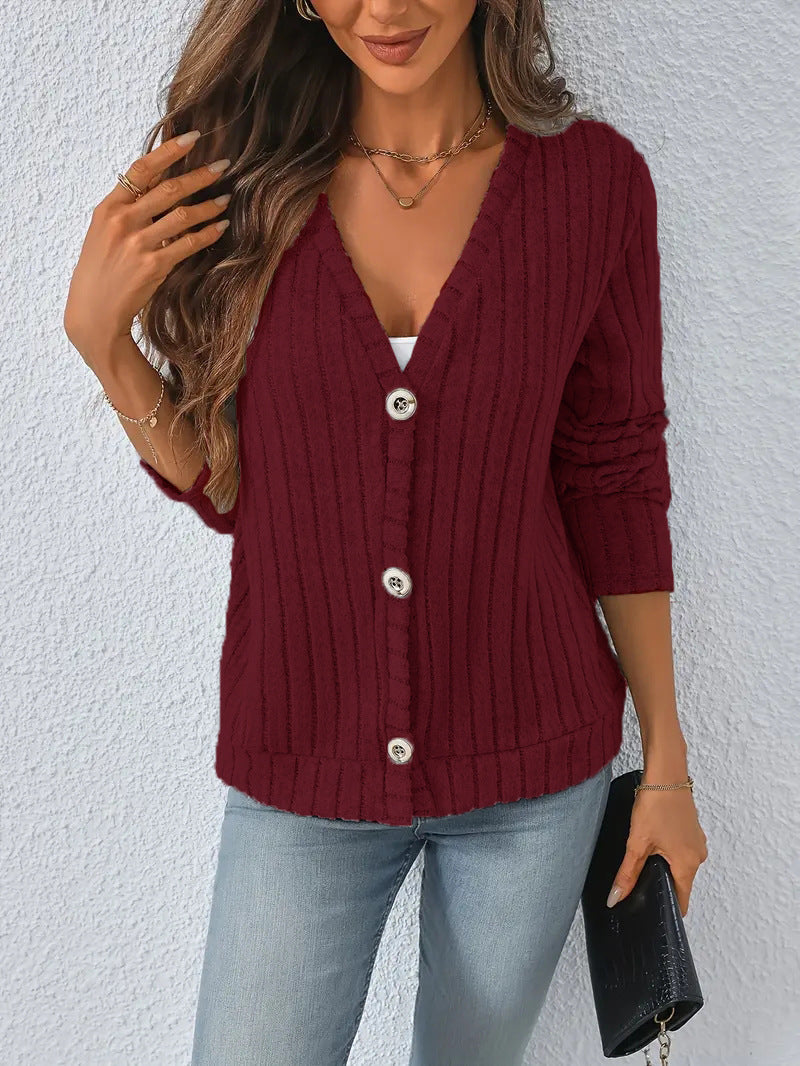 Damen nan gerippter V-Ausschnitt Strickcardigan mit dekorativen Knöpfen, leicht überschnittener Schulter und kastigem Saum EB