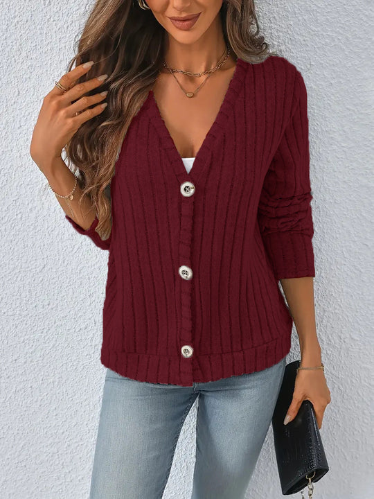 Damen nan gerippter V-Ausschnitt Strickcardigan mit dekorativen Knöpfen, leicht überschnittener Schulter und kastigem Saum EB