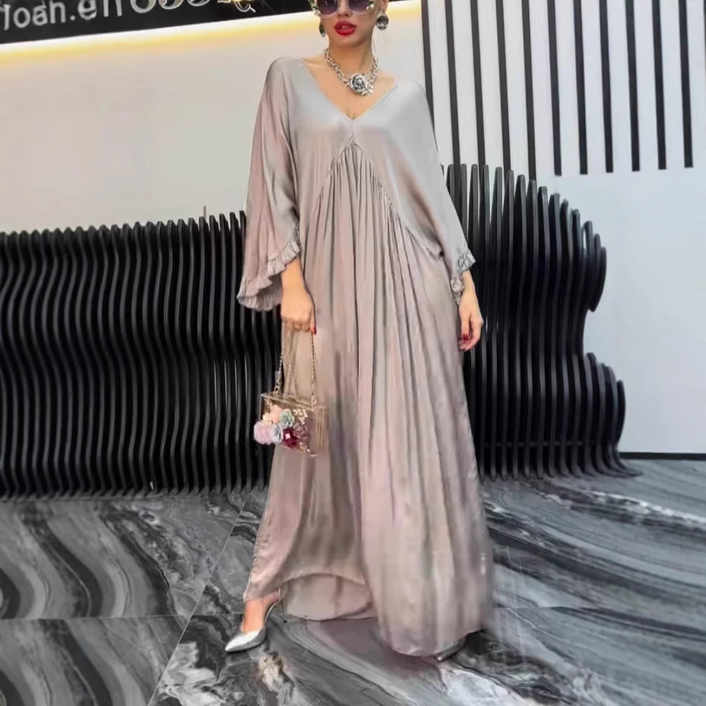 Damen Maxi-Kleid mit weit geschnittenem Design und elegantem V-Ausschnitt EB