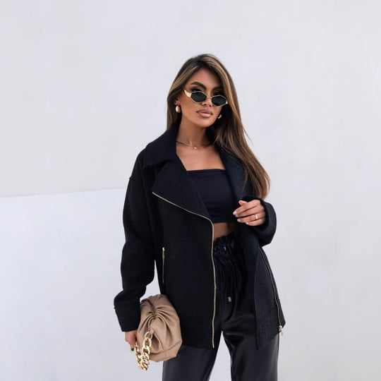 Damen stylische Wolljacke mit asymmetrischem Reißverschluss und großem Kragen EB